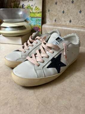 Golden Goose Super-Star Leather Sneakers with Blue Glitter Star and Silver Glitt